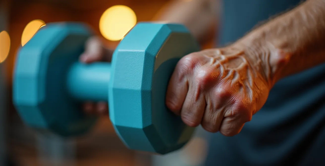 Gros plan sur les mains d'une personne senior tenant des haltères légers lors d'un exercice