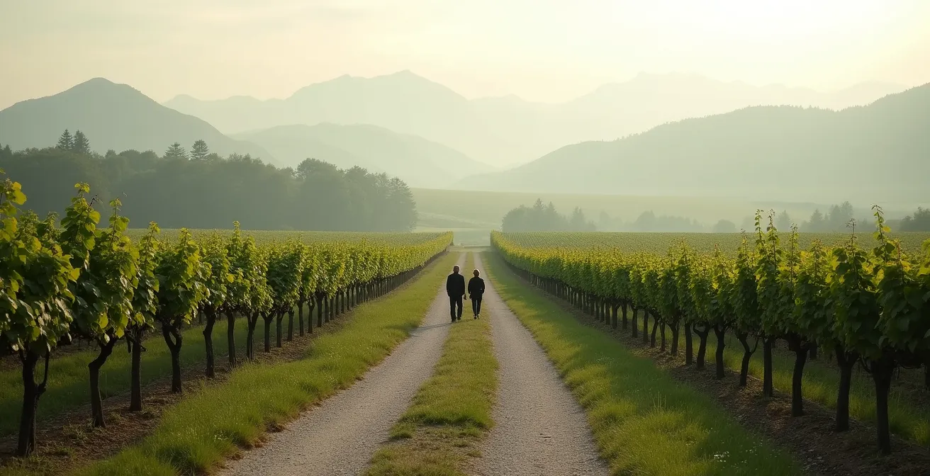 Vue environnementale d'un sentier traversant les vignobles alsaciens avec les Vosges en arrière-plan