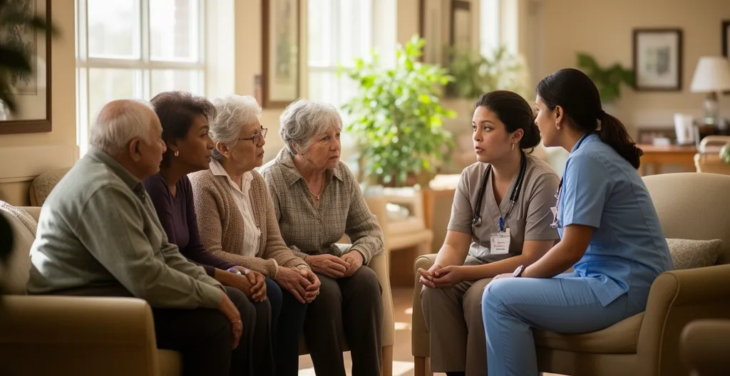 Famille en discussion avec un membre du personnel dans un espace commun chaleureux