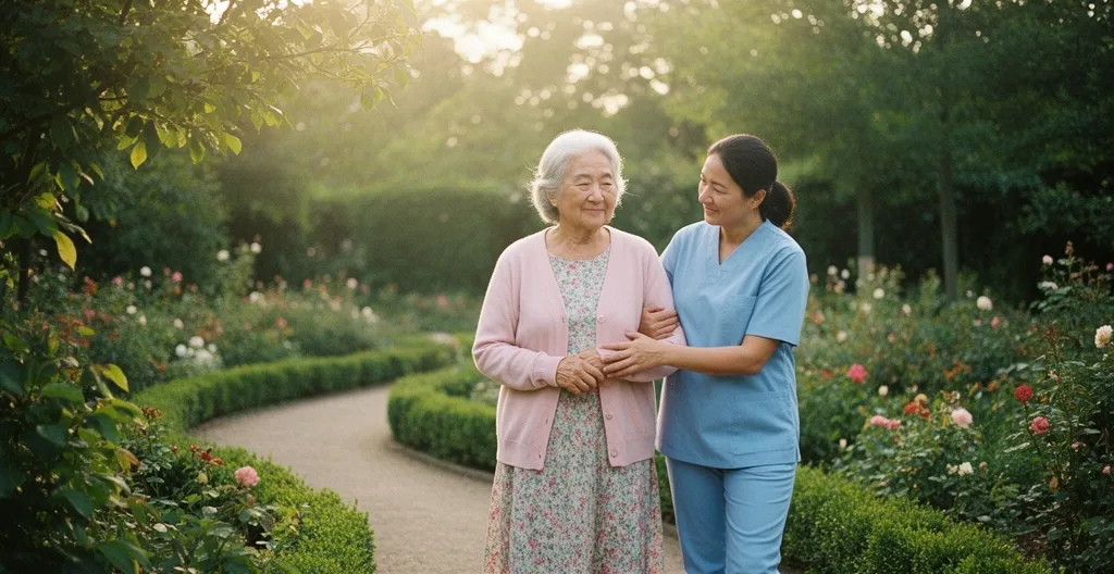 Personne âgée tenant le bras d'un soignant lors d'une promenade dans un jardin arboré
