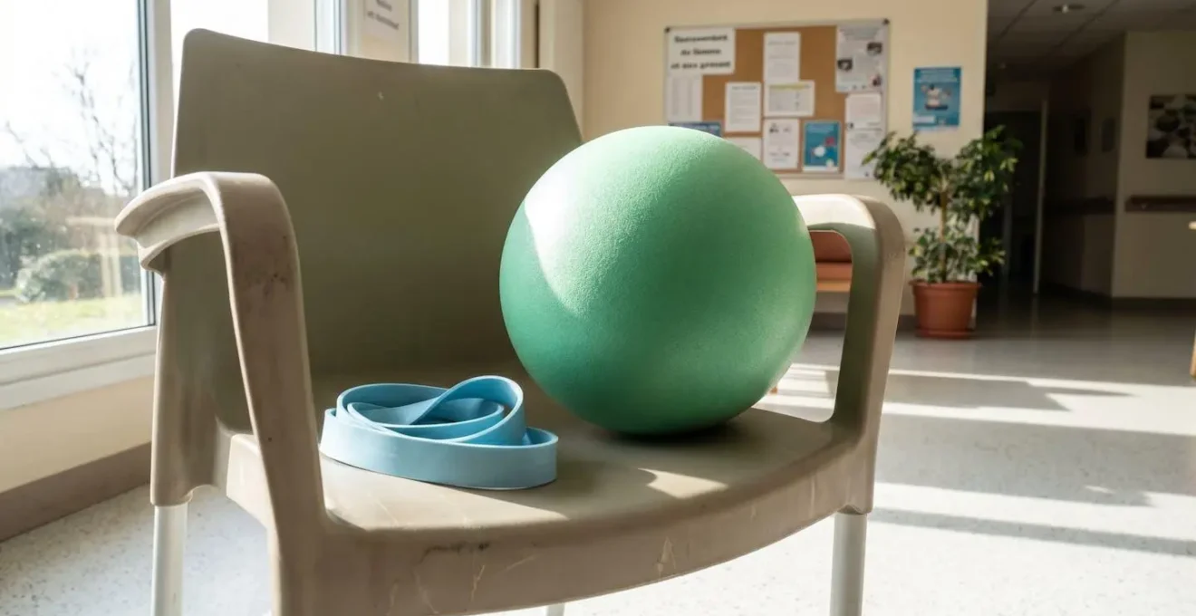 Ballon en mousse souple et élastique de résistance posés sur une chaise à accoudoirs dans une salle d