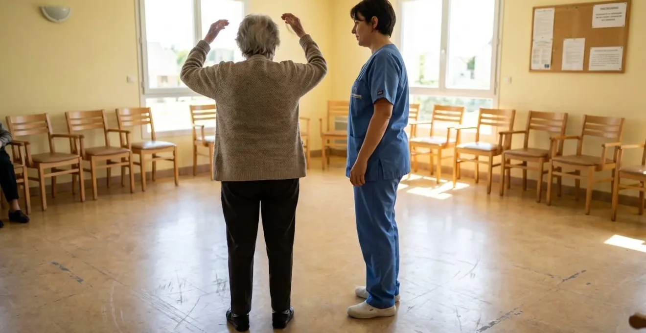 Une résidente âgée réalisant des étirements doux des bras, accompagnée par une aide-soignante, dans une salle commune lumineuse d