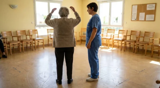 Une résidente âgée réalisant des étirements doux des bras, accompagnée par une aide-soignante, dans une salle commune lumineuse d
