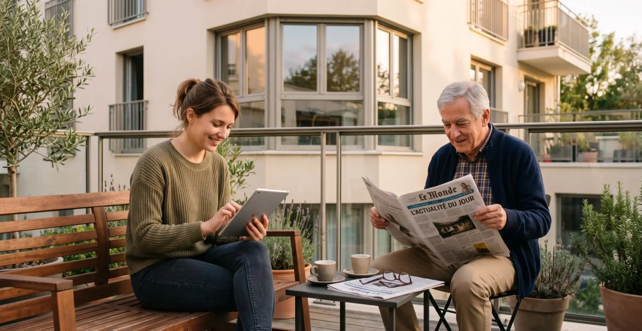 Jeune femme et homme senior partageant un moment de lecture sur une terrasse commune d'habitat intergénérationnel, lumière dorée de fin de journée, architecture résidentielle française contemporaine