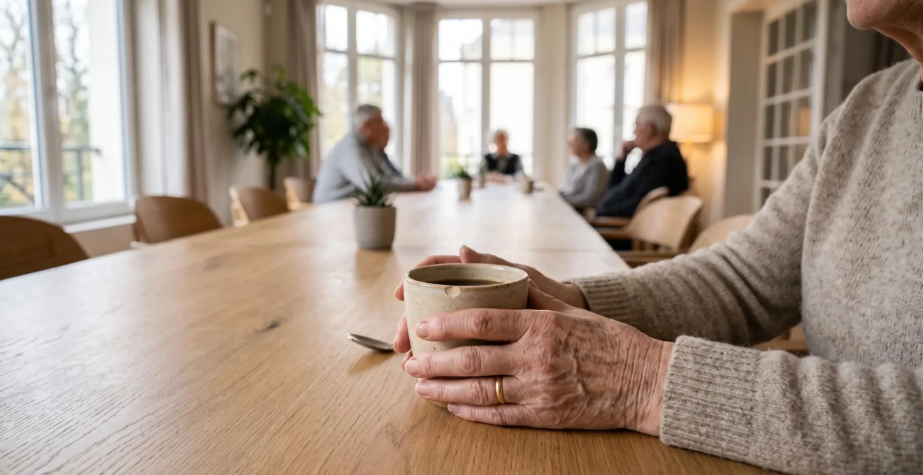 Mains d'une femme senior tenant une tasse de café lors d'un moment convivial dans la salle commune d'une résidence pour personnes âgées, lumière naturelle douce, décor scandinave épuré