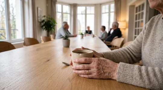 Mains d'une femme senior tenant une tasse de café lors d'un moment convivial dans la salle commune d'une résidence pour personnes âgées, lumière naturelle douce, décor scandinave épuré