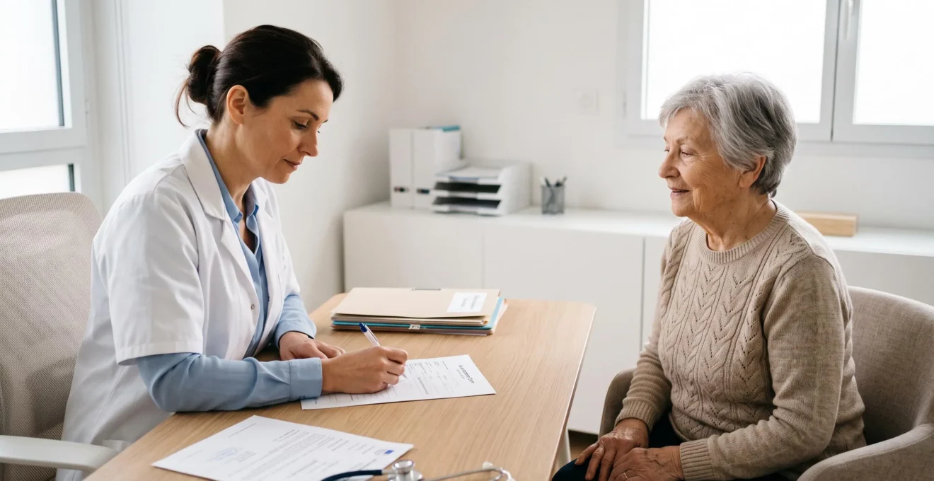 Médecin coordonnatrice en consultation avec une dame âgée, remplissant un formulaire d'évaluation dans un bureau médical lumineux aux tons neutres