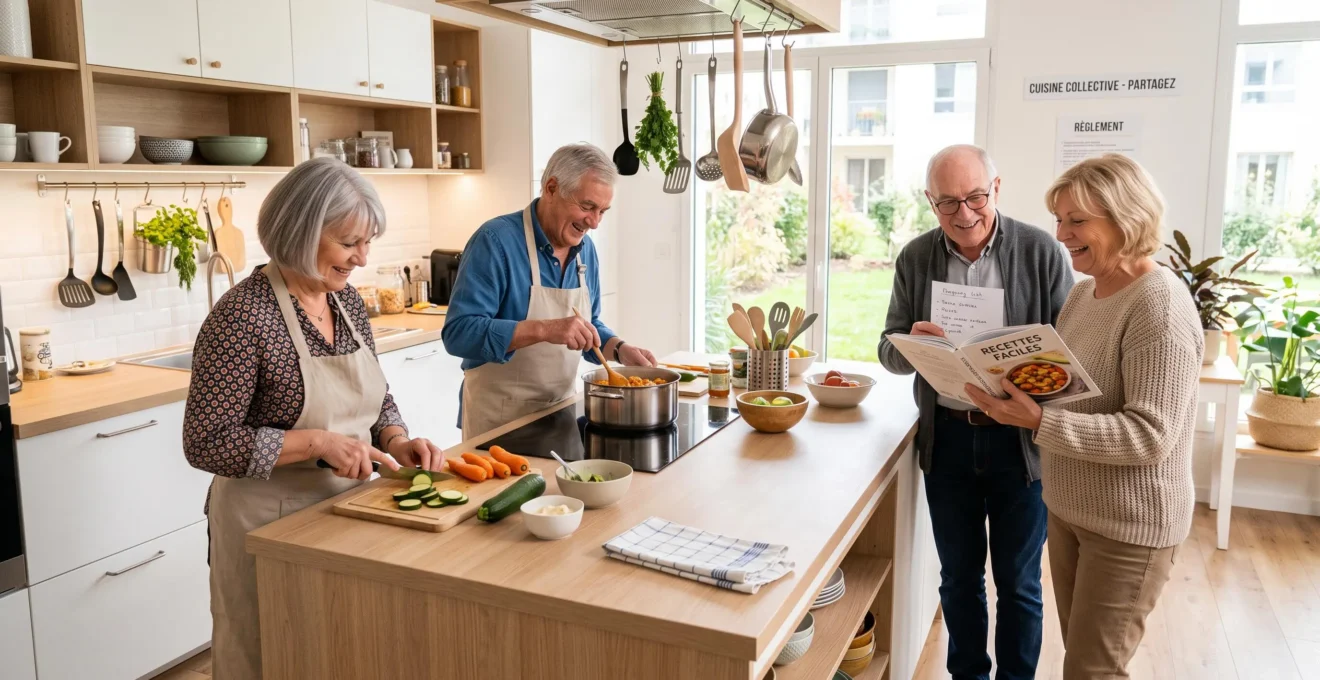 Quatre seniors préparant ensemble un repas dans la cuisine collective d'une résidence autonomie, ambiance chaleureuse et conviviale, décor moderne scandinave